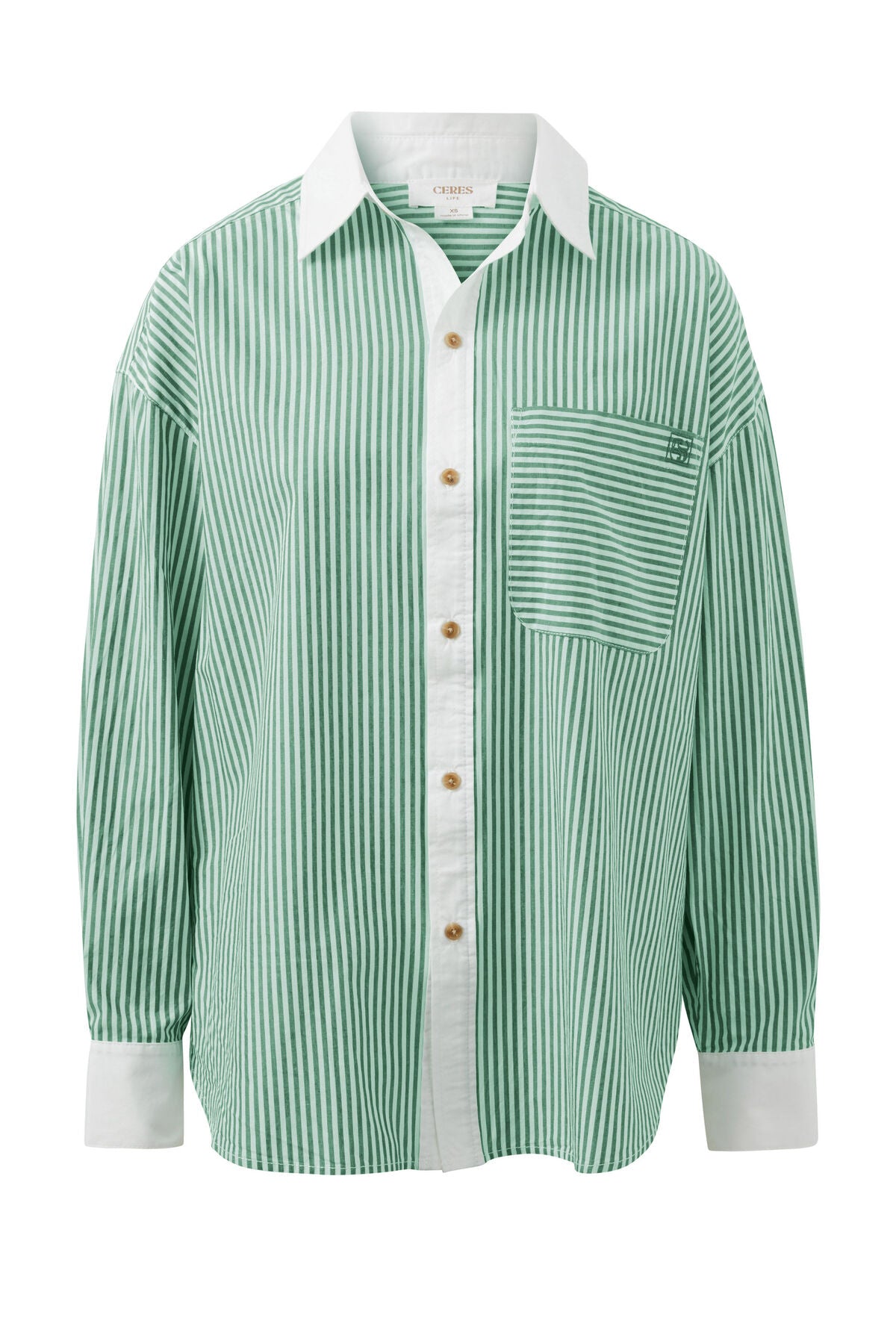 Ceres Life Peta Oversized Shirt - Kelly Green Stripe White Collar