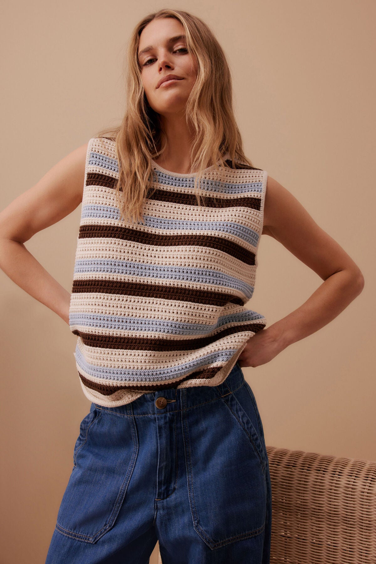 Ceres Life Margot Mesh Tank in Ecru with Chalk and Chocolate Stripe