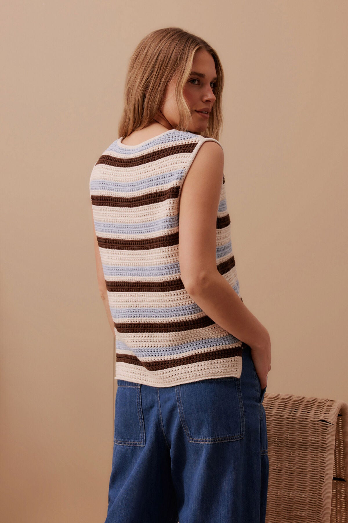 Ceres Life Margot Mesh Tank in Ecru with Chalk and Chocolate Stripe