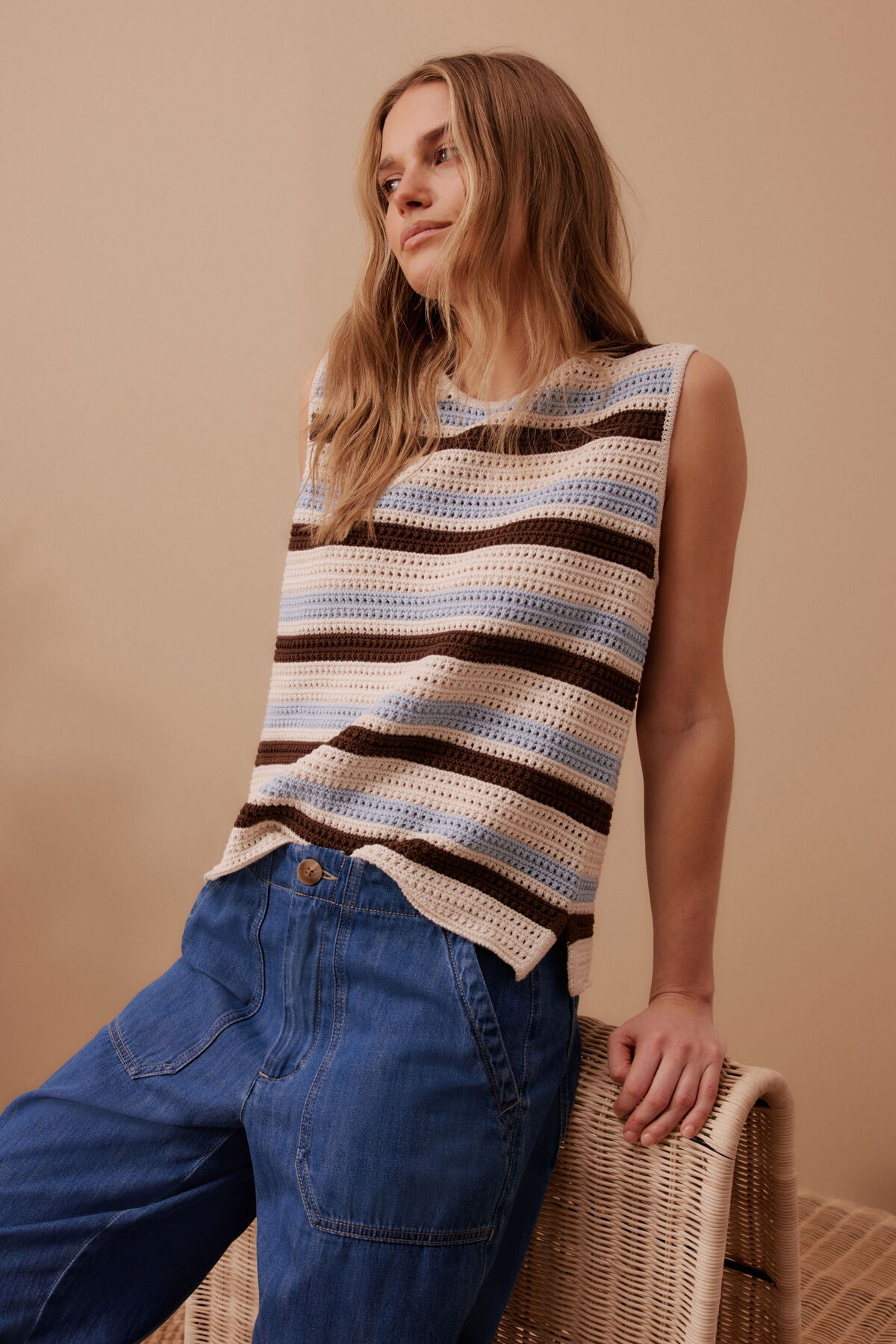 Ceres Life Margot Mesh Tank in Ecru with Chalk and Chocolate Stripe