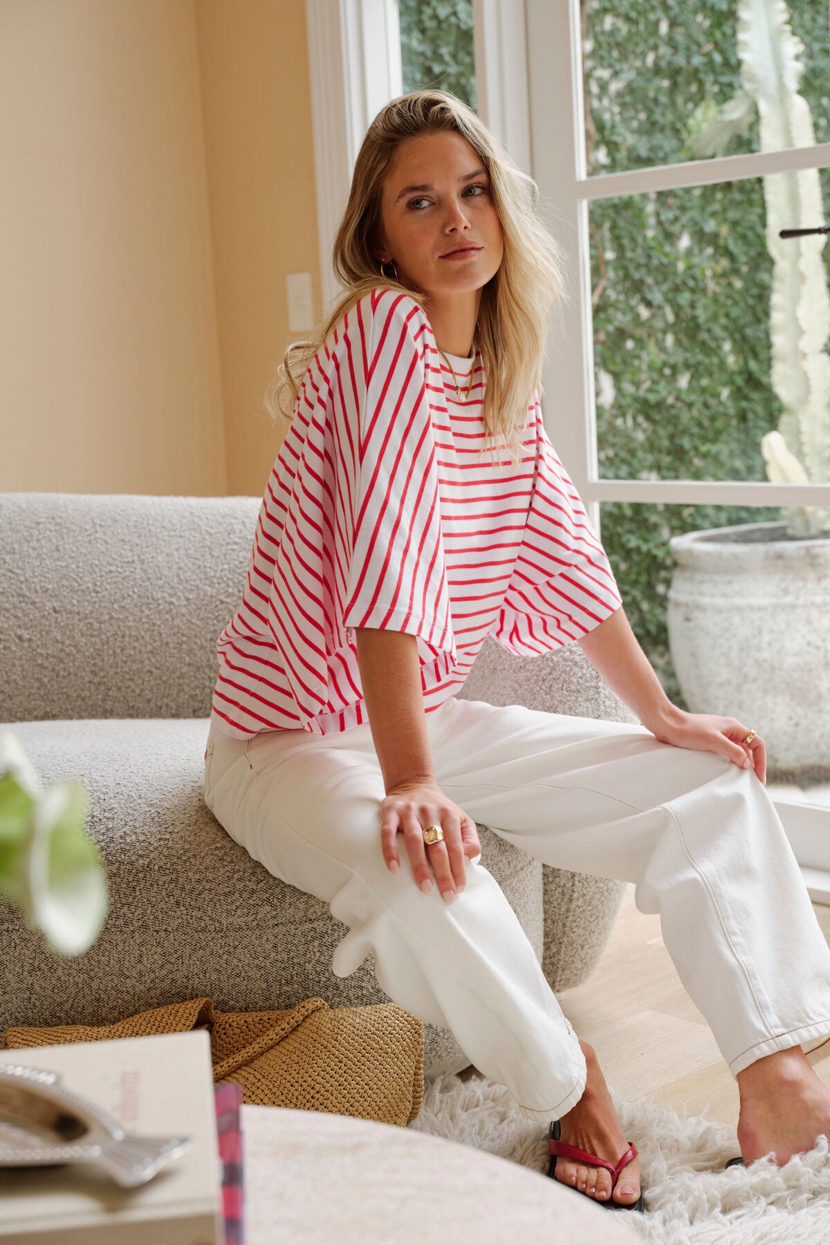 Lucy Relaxed Sleeve Tee in White/Heritage Red Stripe
