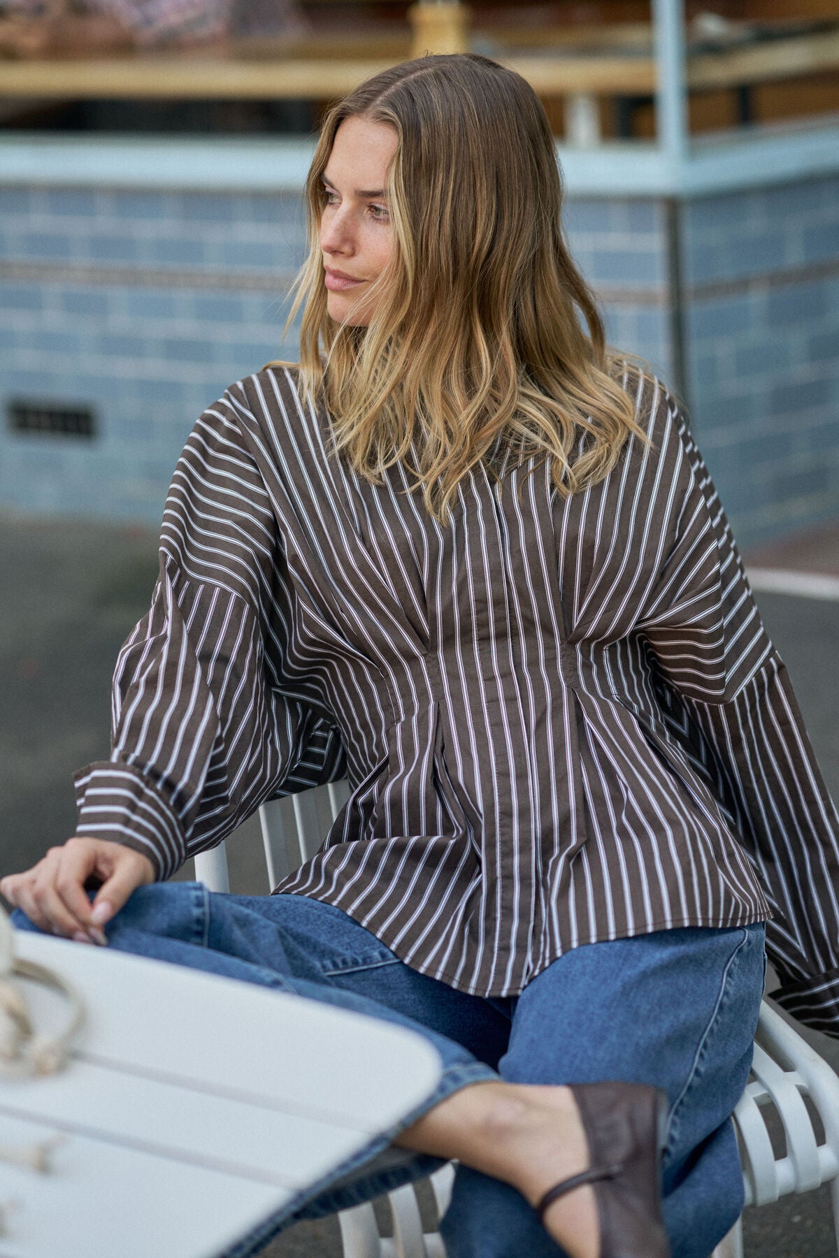 Ella Pleat Shirt in Chocolate Stripe by Ceres Life