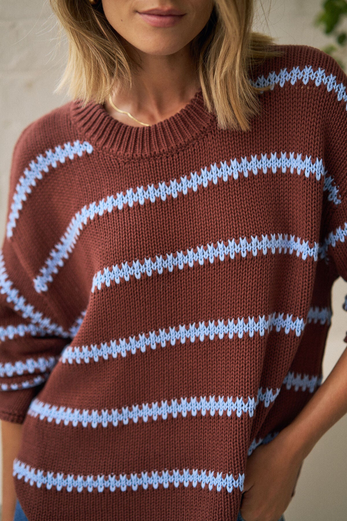 Lila Oversized Knit Crew in Burnt Toffee Stripe