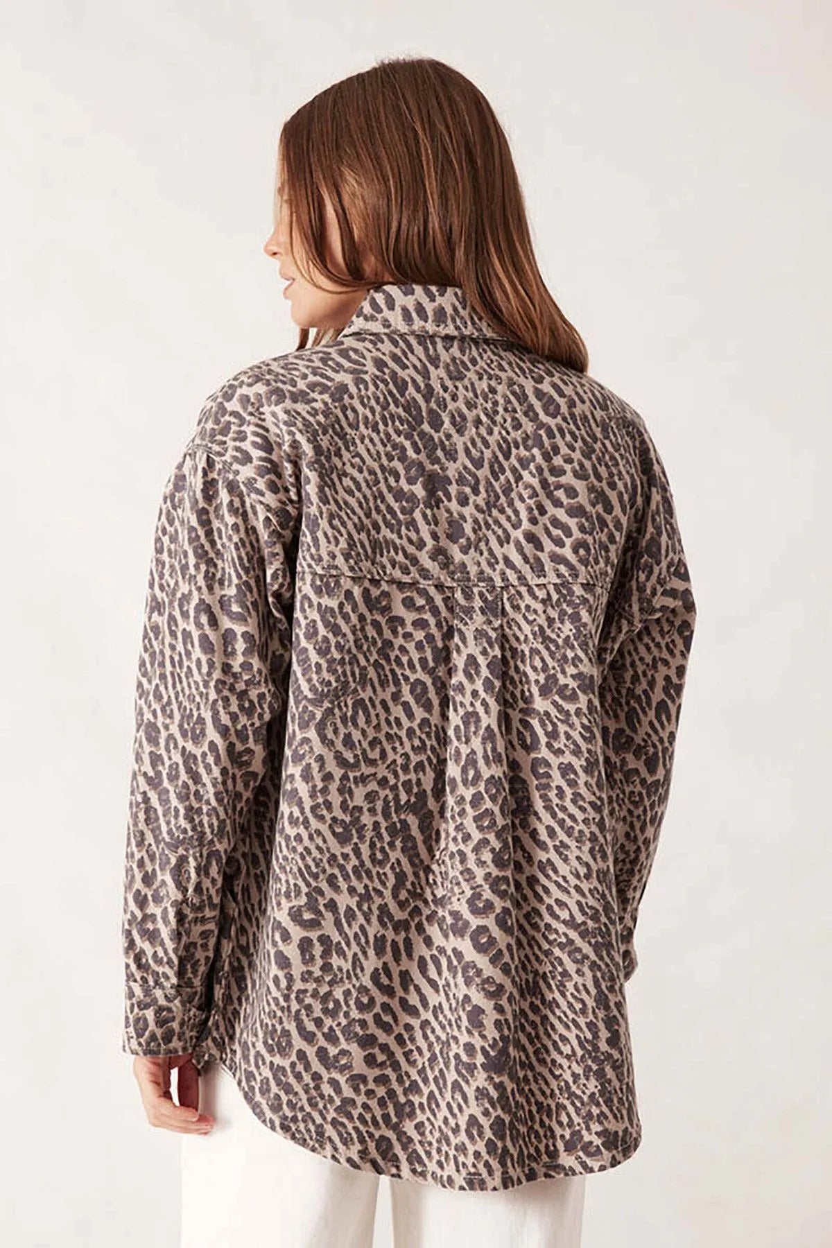 Ceres Life Bobbi Side Pocket Denim Shacket in Leopard