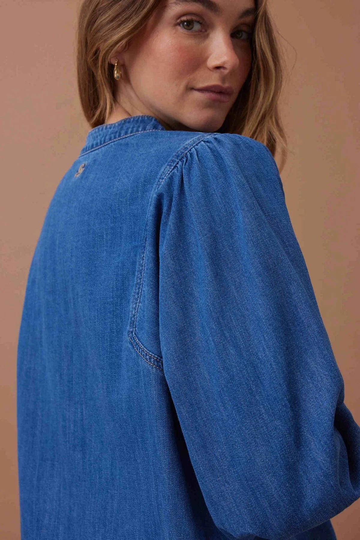 Ceres Life puff Sleeve Denim Shirt in True Indigo