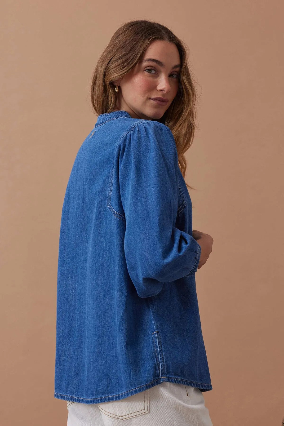 Ceres Life puff Sleeve Denim Shirt in True Indigo