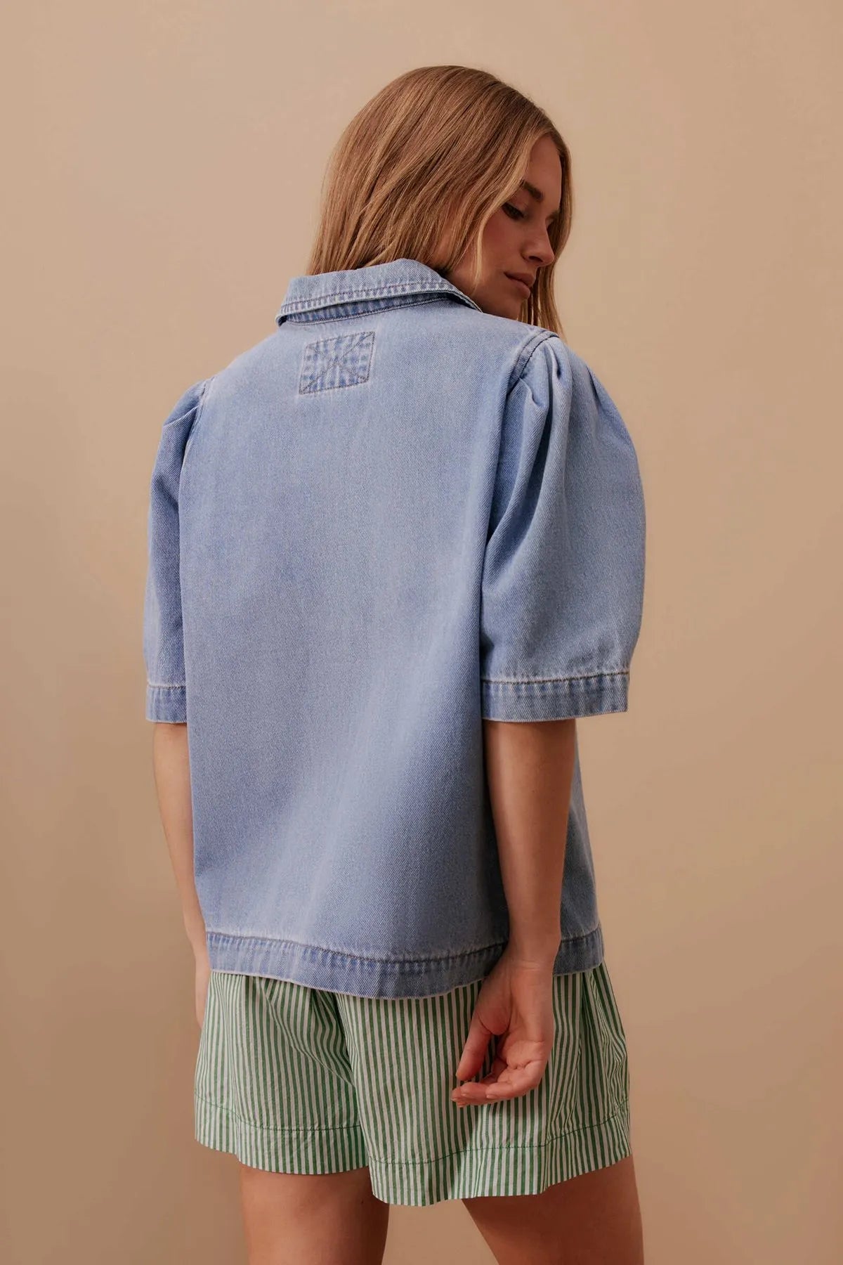 Ceres Life Dylan Pleat Sleeve Denim Shirt in Vintage Blue