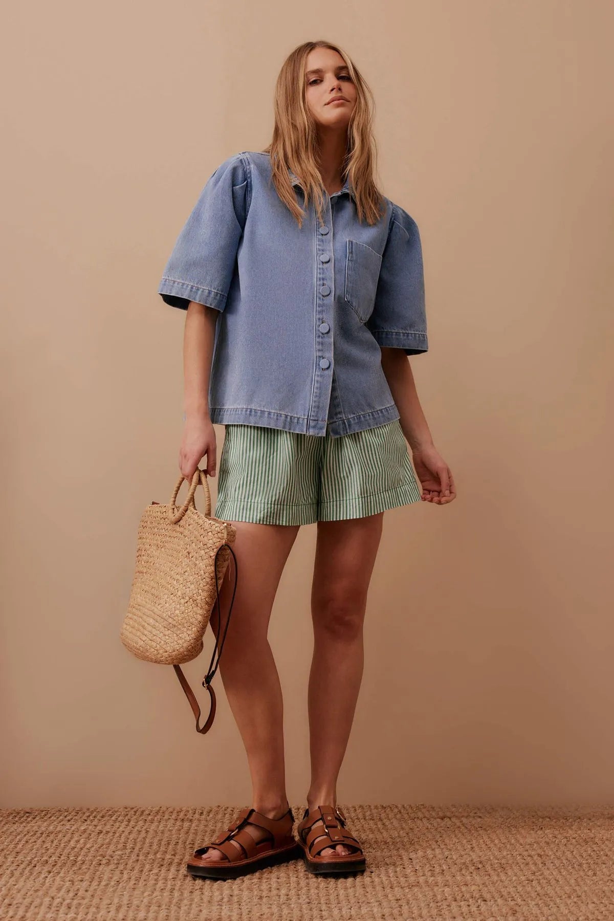 Ceres Life Dylan Pleat Sleeve Denim Shirt in Vintage Blue