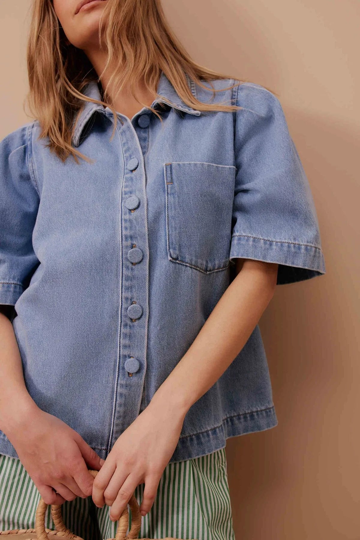 Ceres Life Dylan Pleat Sleeve Denim Shirt in Vintage Blue