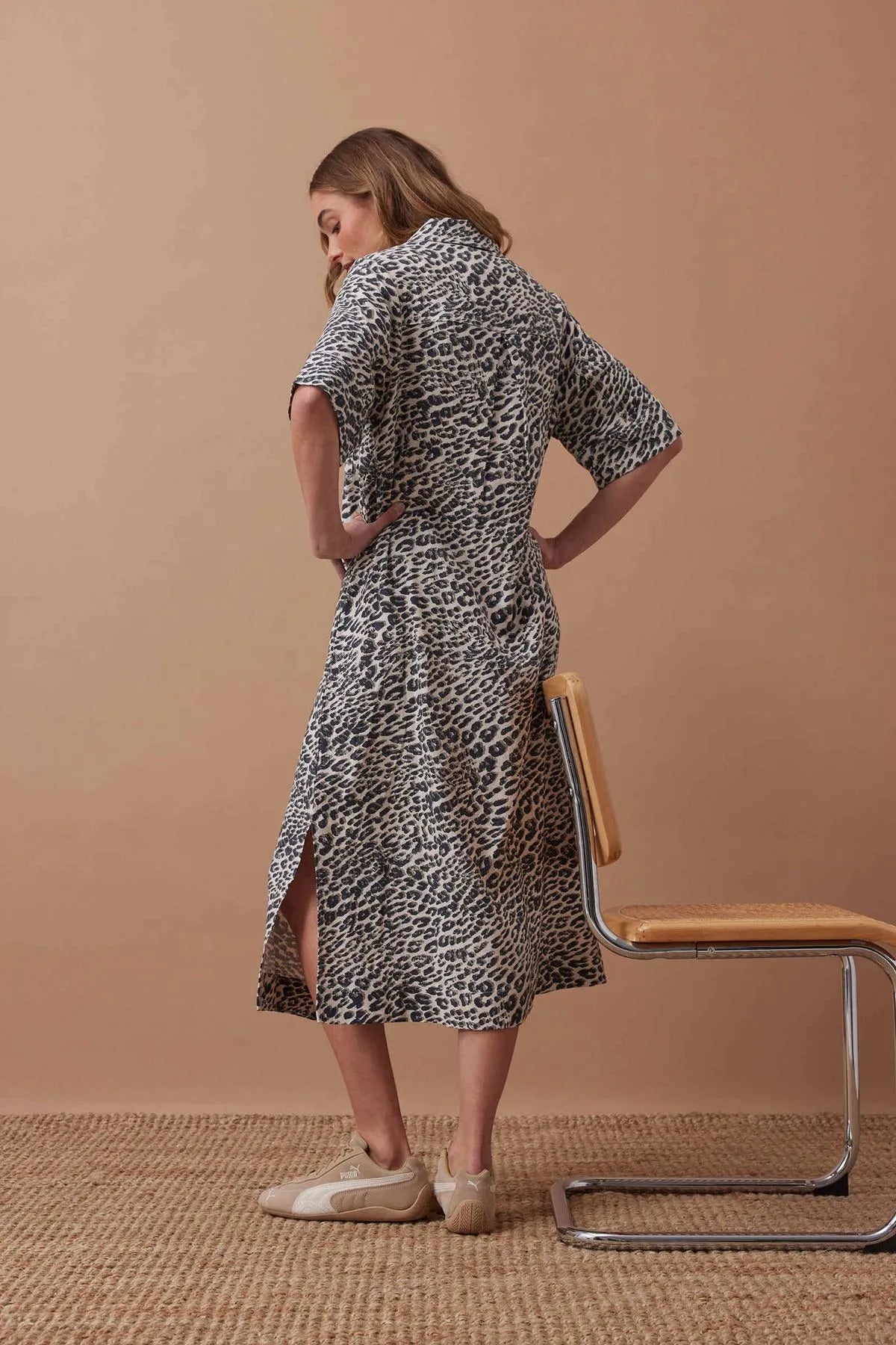 Ceres Life Ava Short Sleeved Midi Dress in Leopard Linen Blend