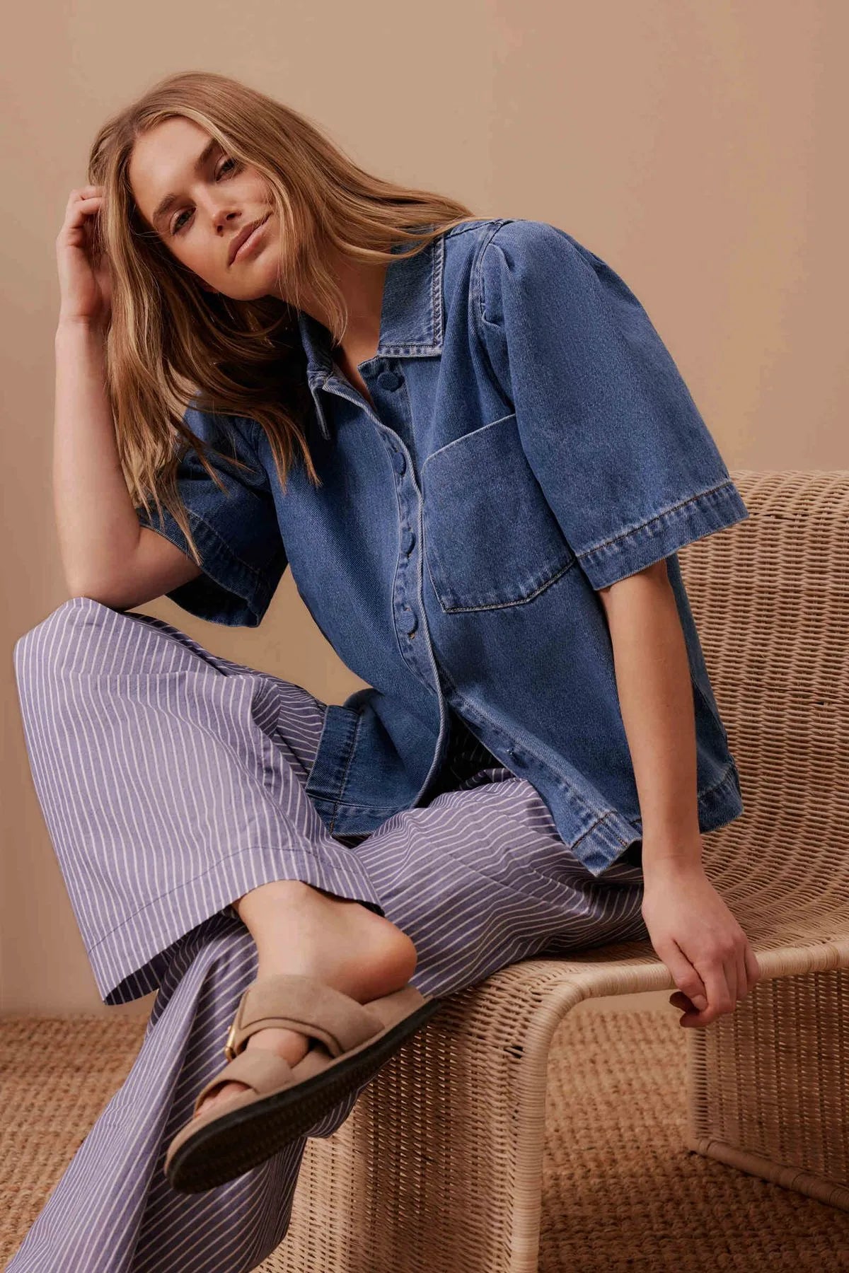 Ceres Life Dylan Pleat Short Sleeve Shirt in Fresh Indigo