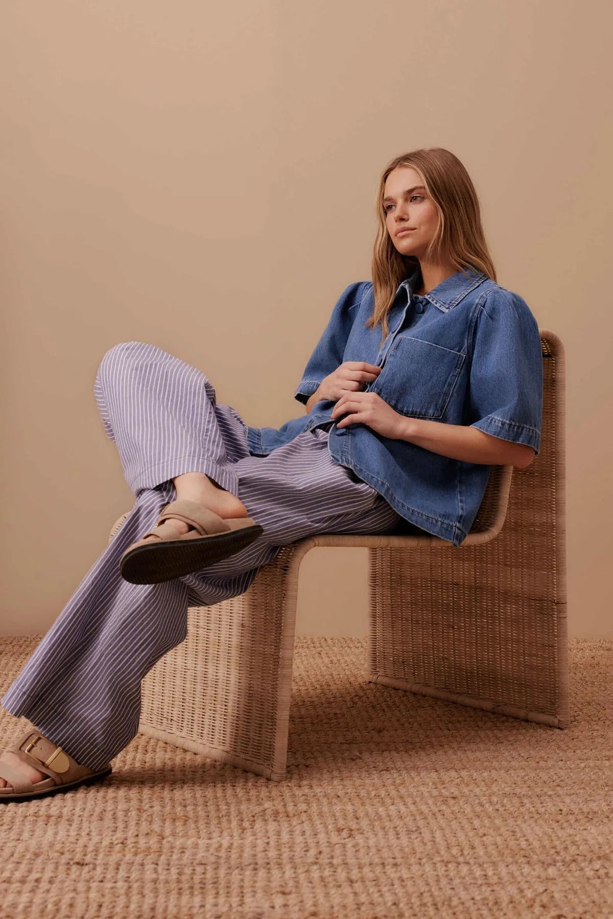 Ceres Life Dylan Pleat Short Sleeve Shirt in Fresh Indigo