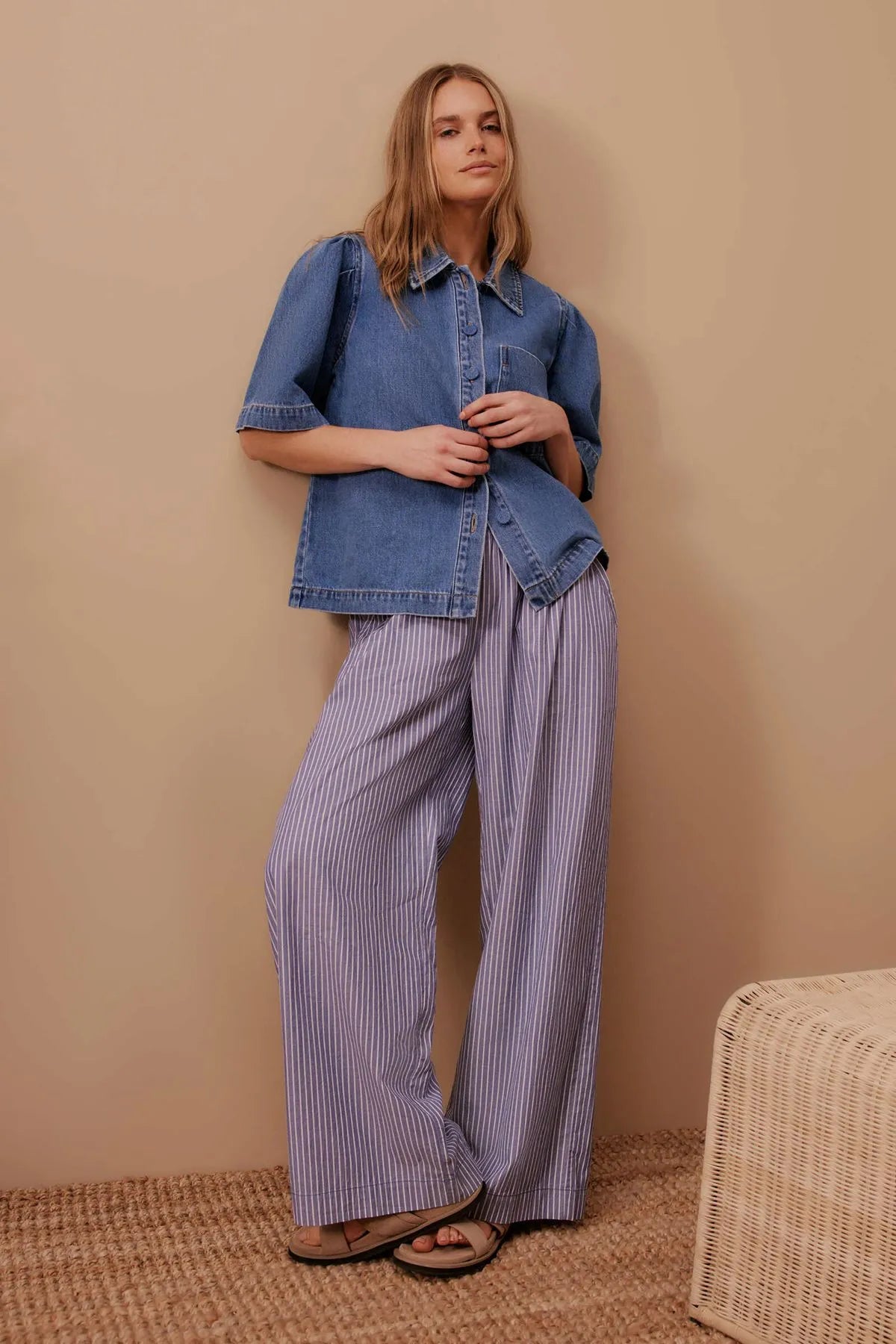 Ceres Life Dylan Pleat Short Sleeve Shirt in Fresh Indigo