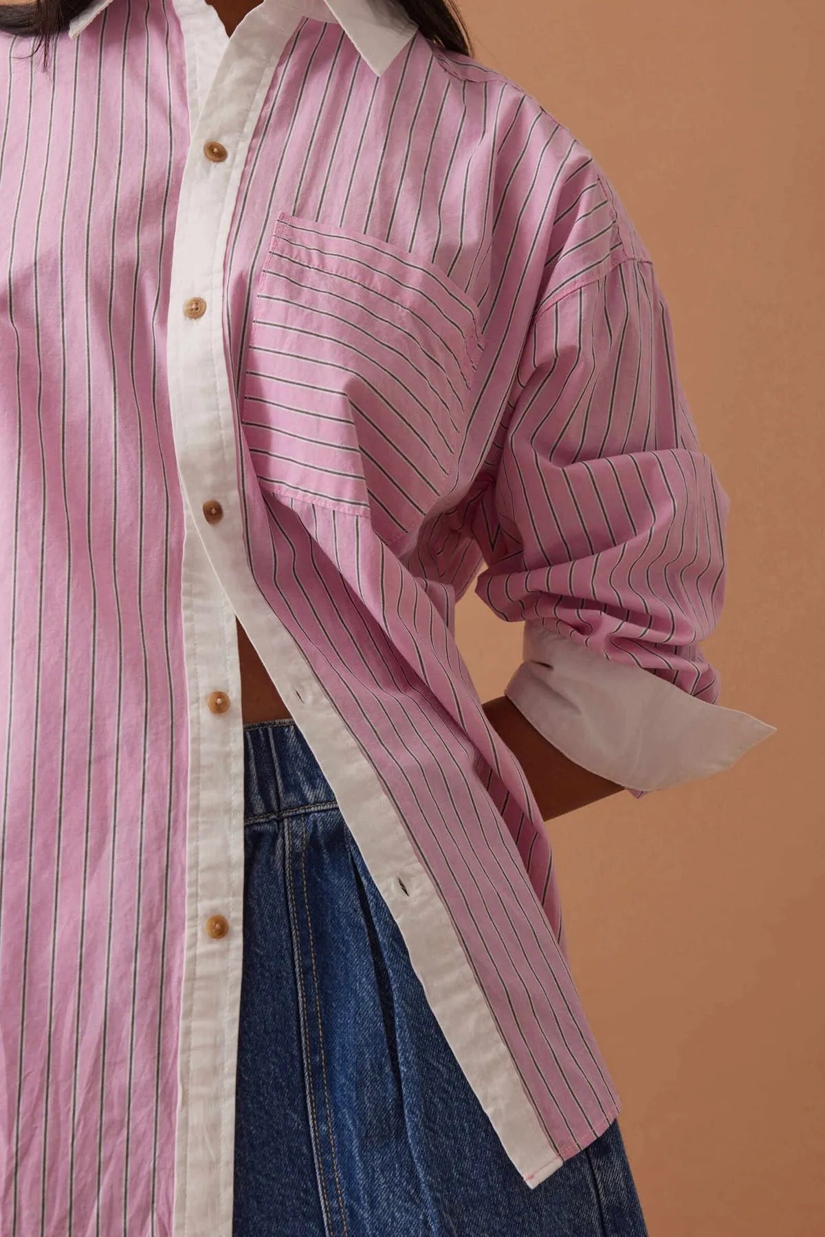 Ceres Life Peta Oversized Shirt in Hibiscus Triple Stripe White Collar