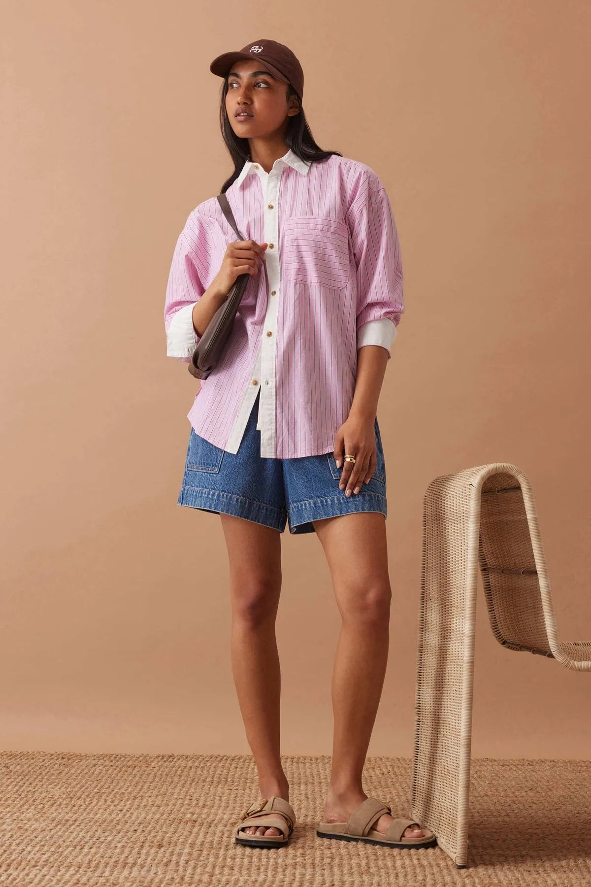 Ceres Life Peta Oversized Shirt in Hibiscus Triple Stripe White Collar