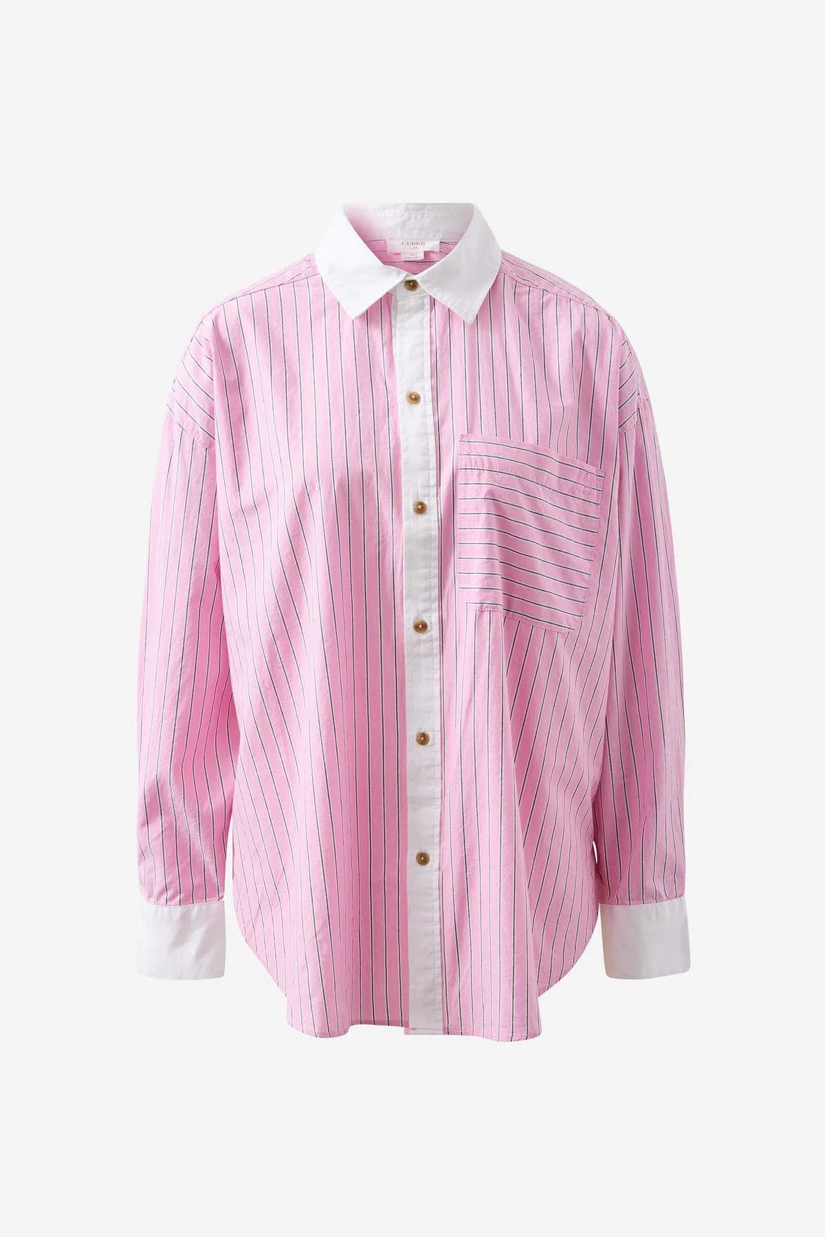 Ceres Life Peta Oversized Shirt in Hibiscus Triple Stripe White Collar
