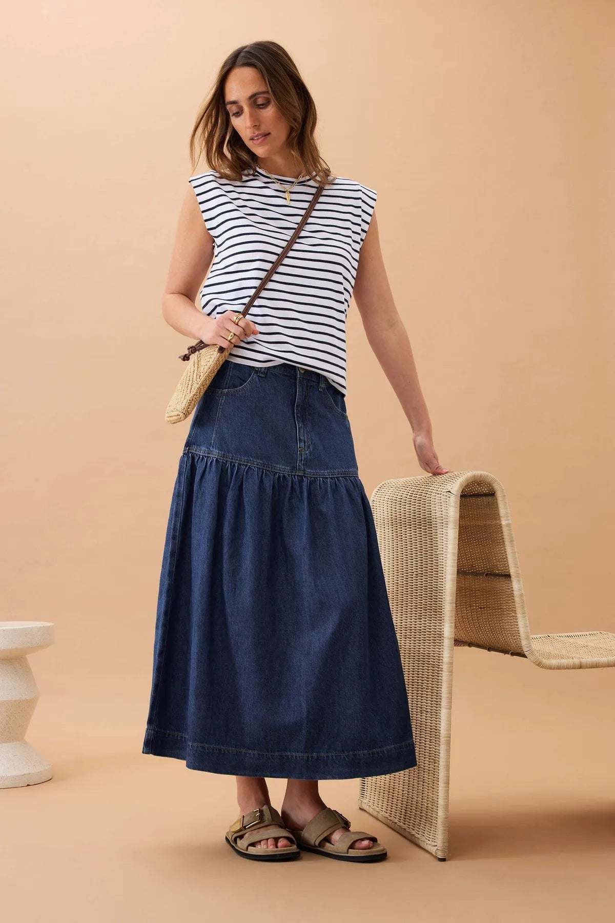 Ceres Life Drop Waist Denim Midi Skirt in Caspian Blue