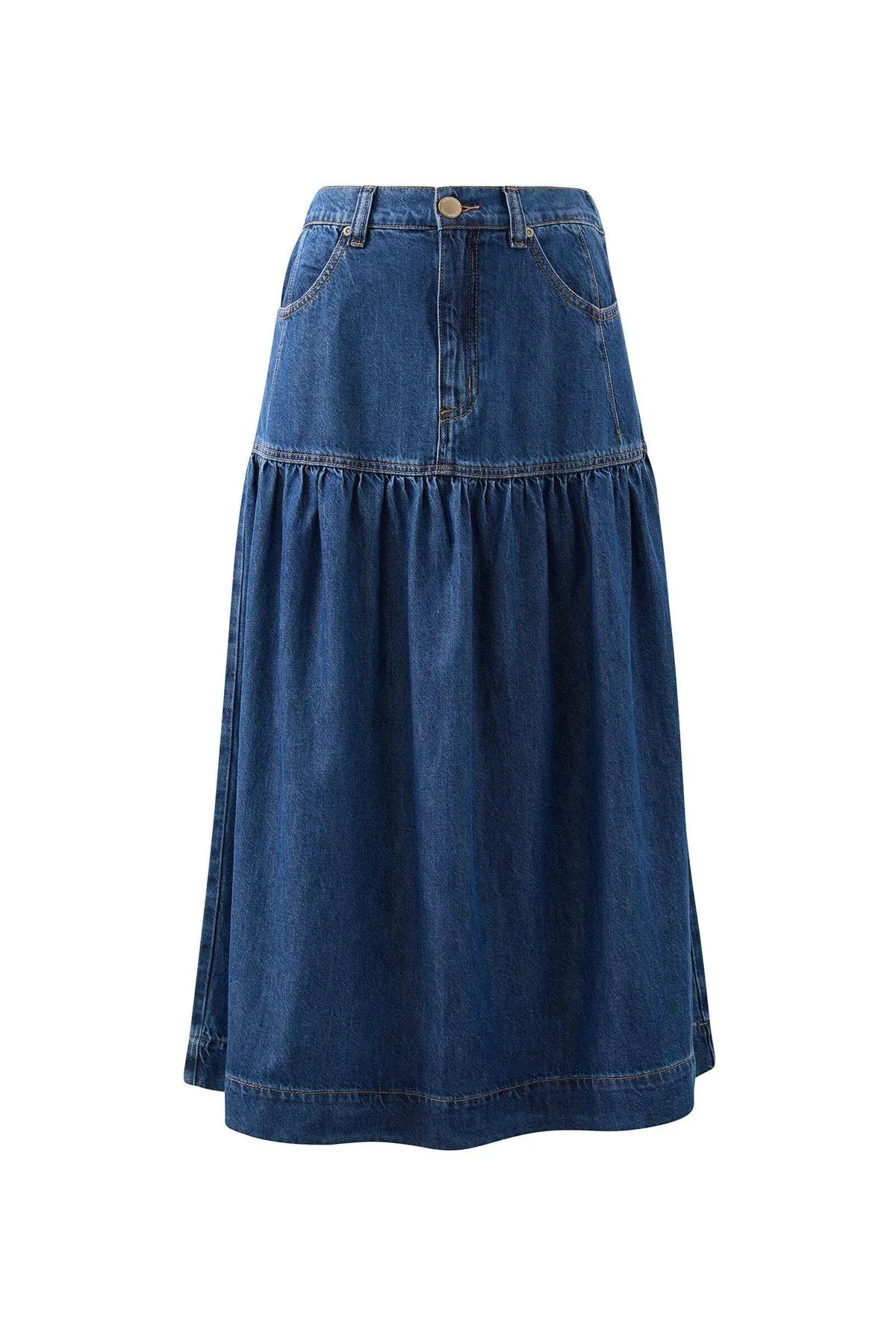 Ceres Life Drop Waist Denim Midi Skirt in Caspian Blue