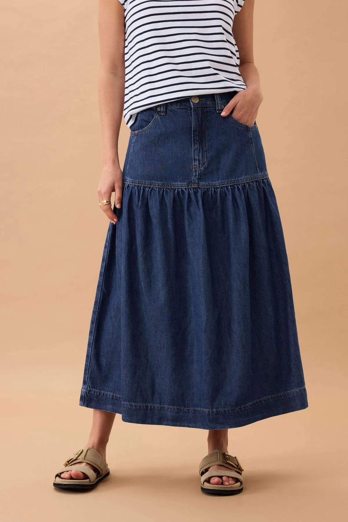 Ceres Life Drop Waist Denim Midi Skirt in Caspian Blue