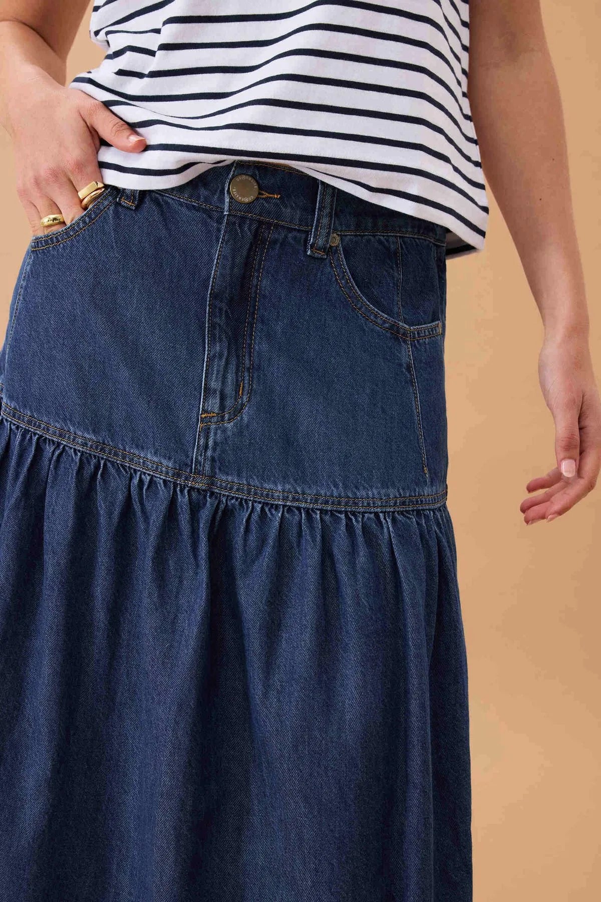 Ceres Life Drop Waist Denim Midi Skirt in Caspian Blue