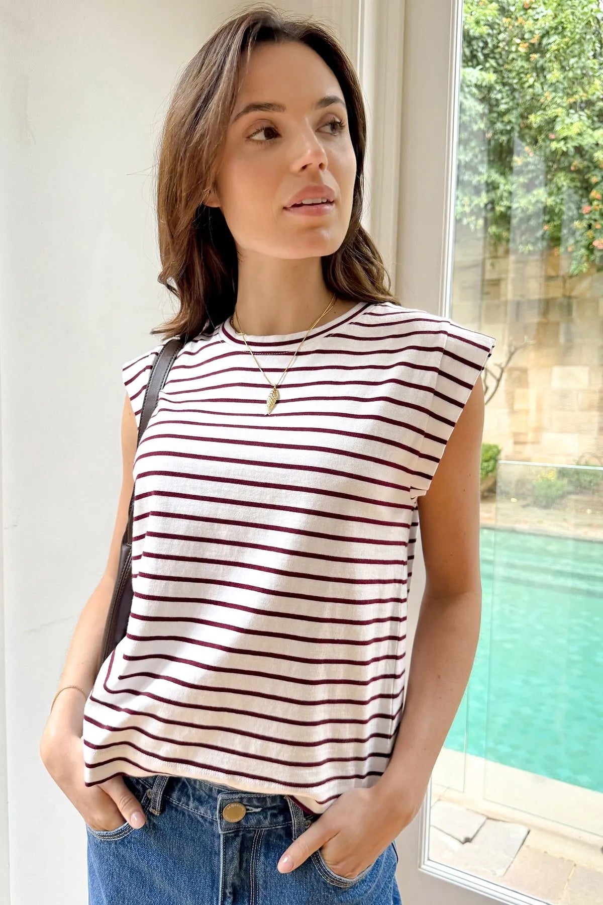Ceres Life EXTENDED SHOULDER TEE/WHITE/POMEGRANATE STRIPE