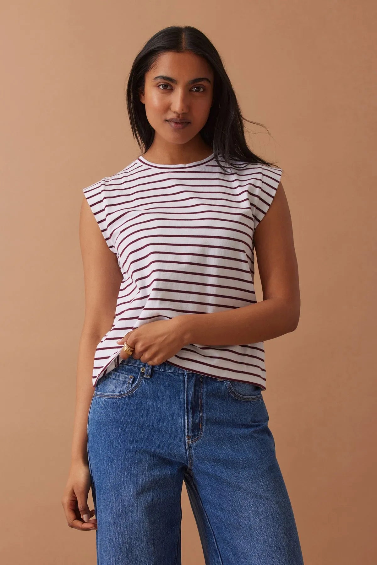 Ceres Life EXTENDED SHOULDER TEE/WHITE/POMEGRANATE STRIPE
