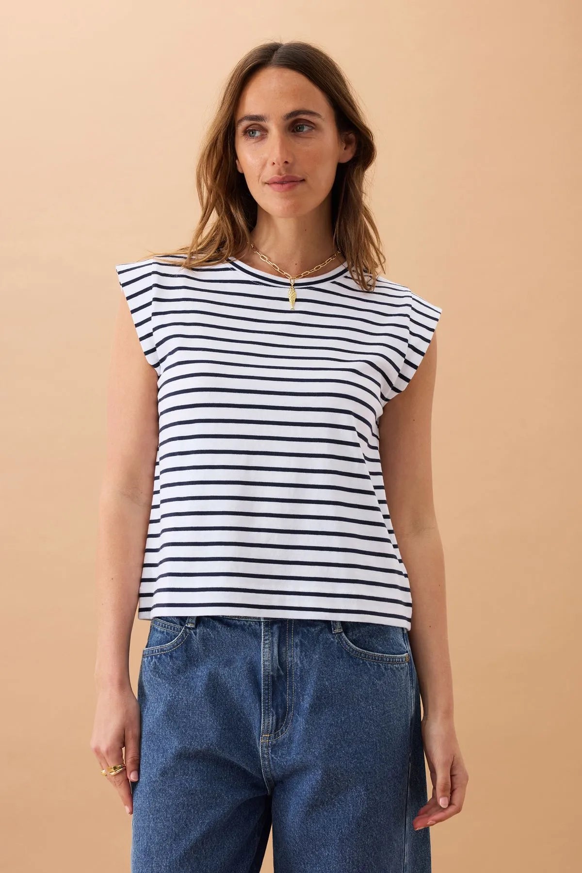 Ceres Life EXTENDED SHOULDER TEE/WHITE/FRENCH NAVY STRIPE