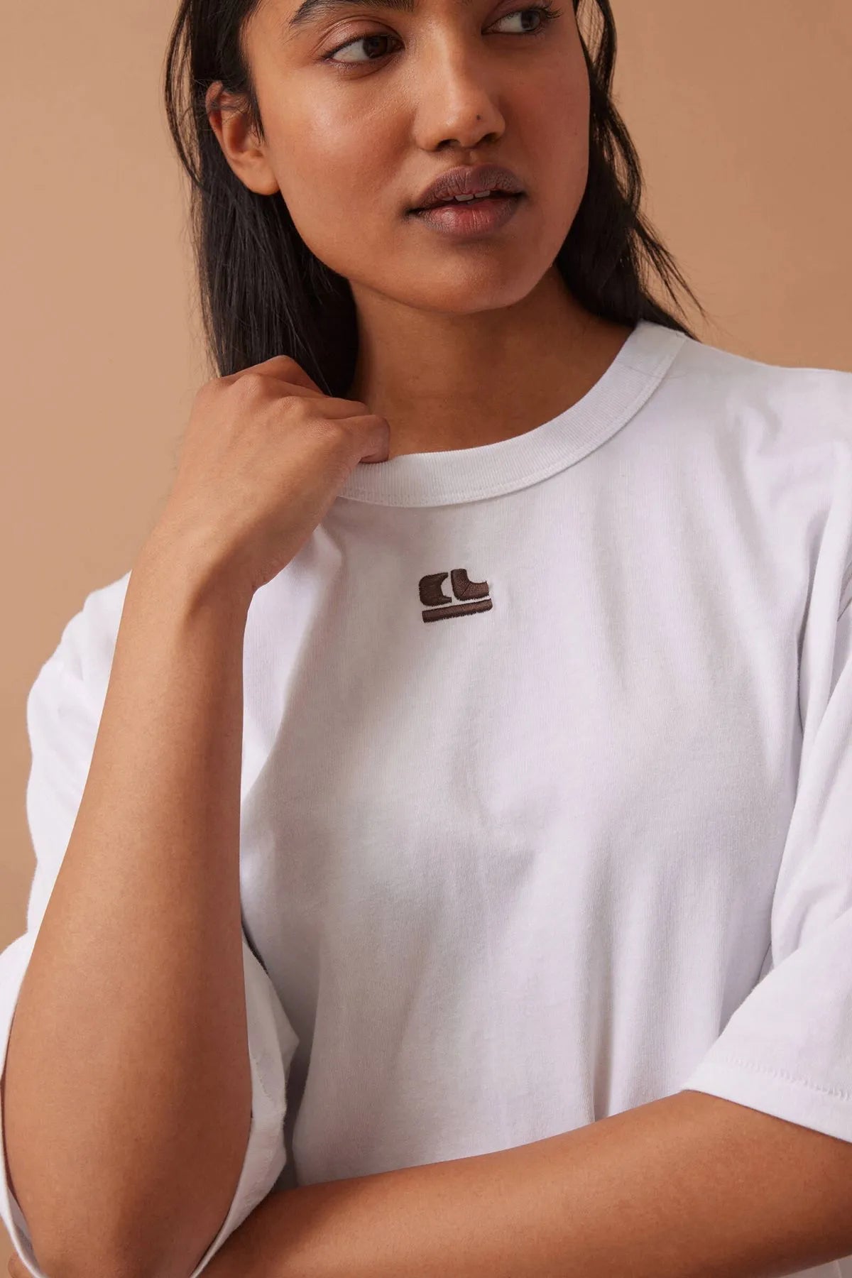 Ceres Life Liv Oversized Tee in White with CL chocolate embroidery