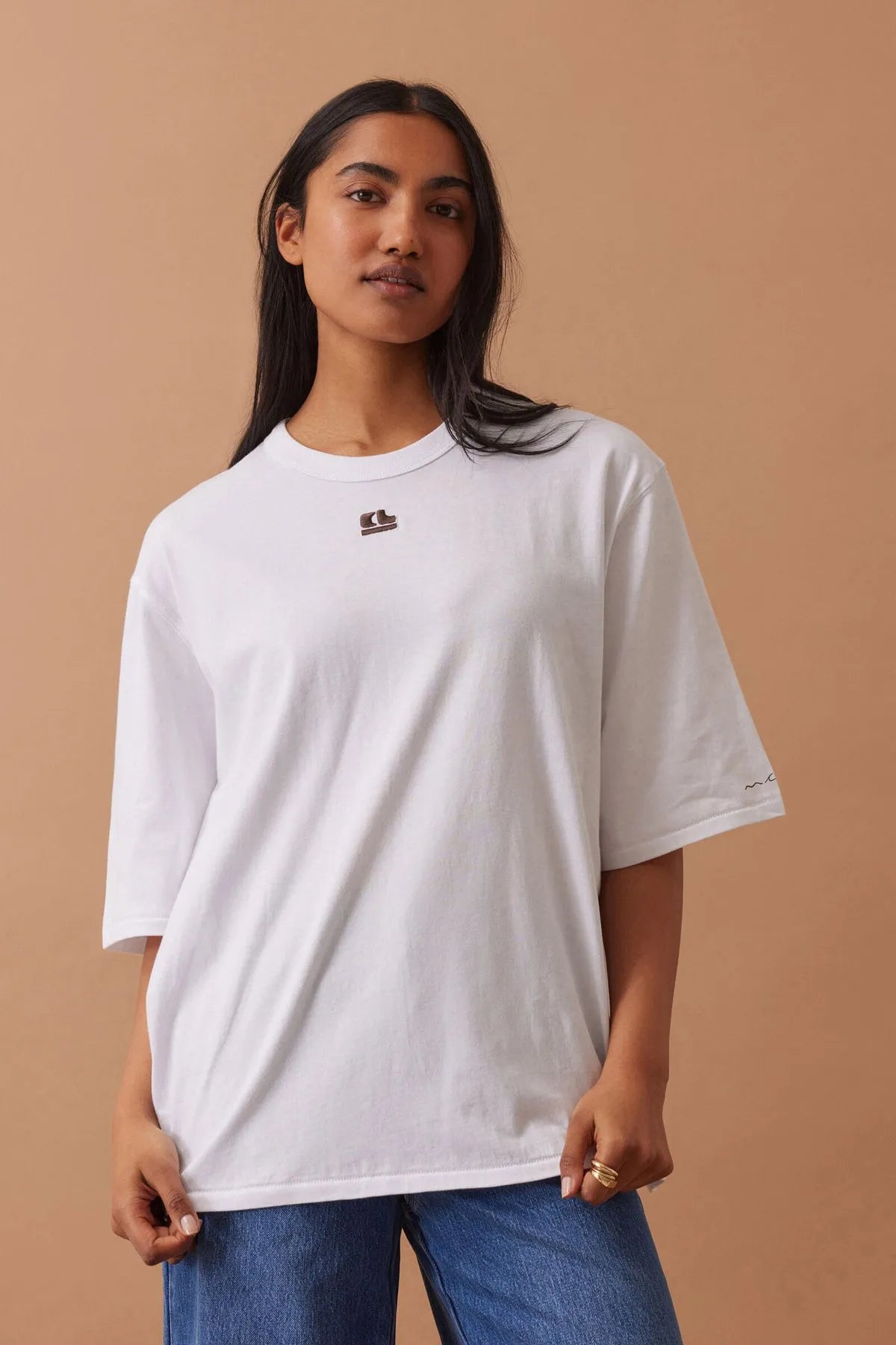 Ceres Life Liv Oversized Tee in White with CL chocolate embroidery