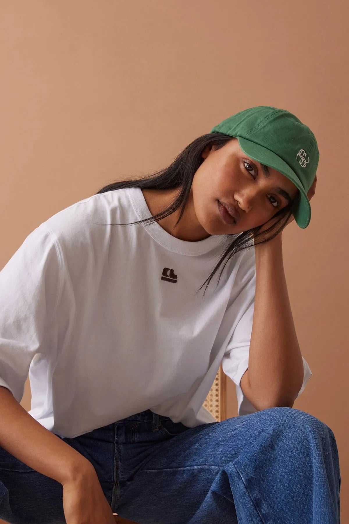 Ceres Life Liv Oversized Tee in White with CL chocolate embroidery