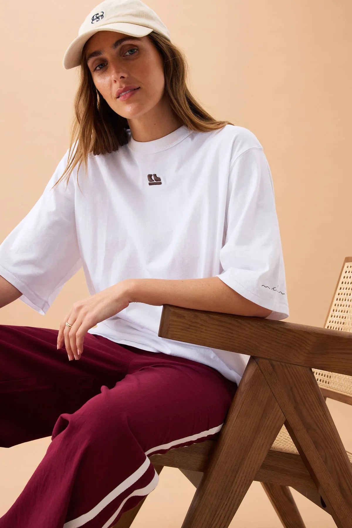 Ceres Life Liv Oversized Tee in White with CL chocolate embroidery