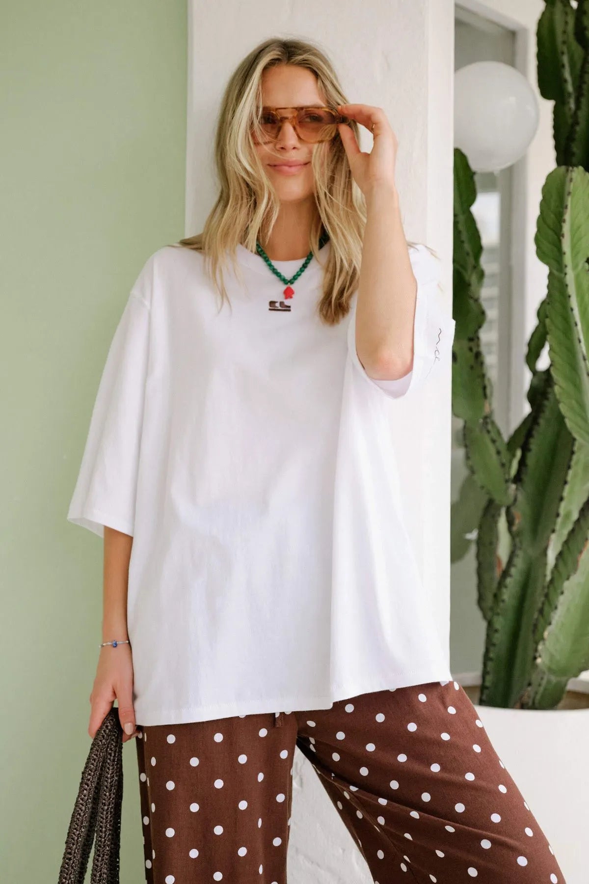 Ceres Life Liv Oversized Tee in White with CL chocolate embroidery