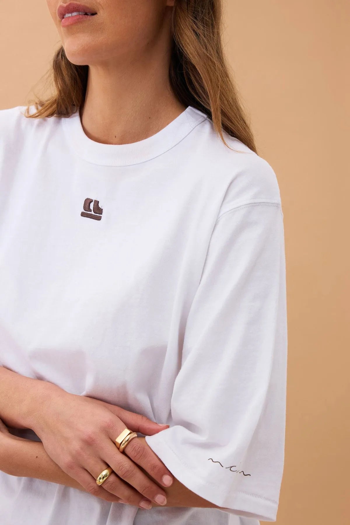 Ceres Life Liv Oversized Tee in White with CL chocolate embroidery