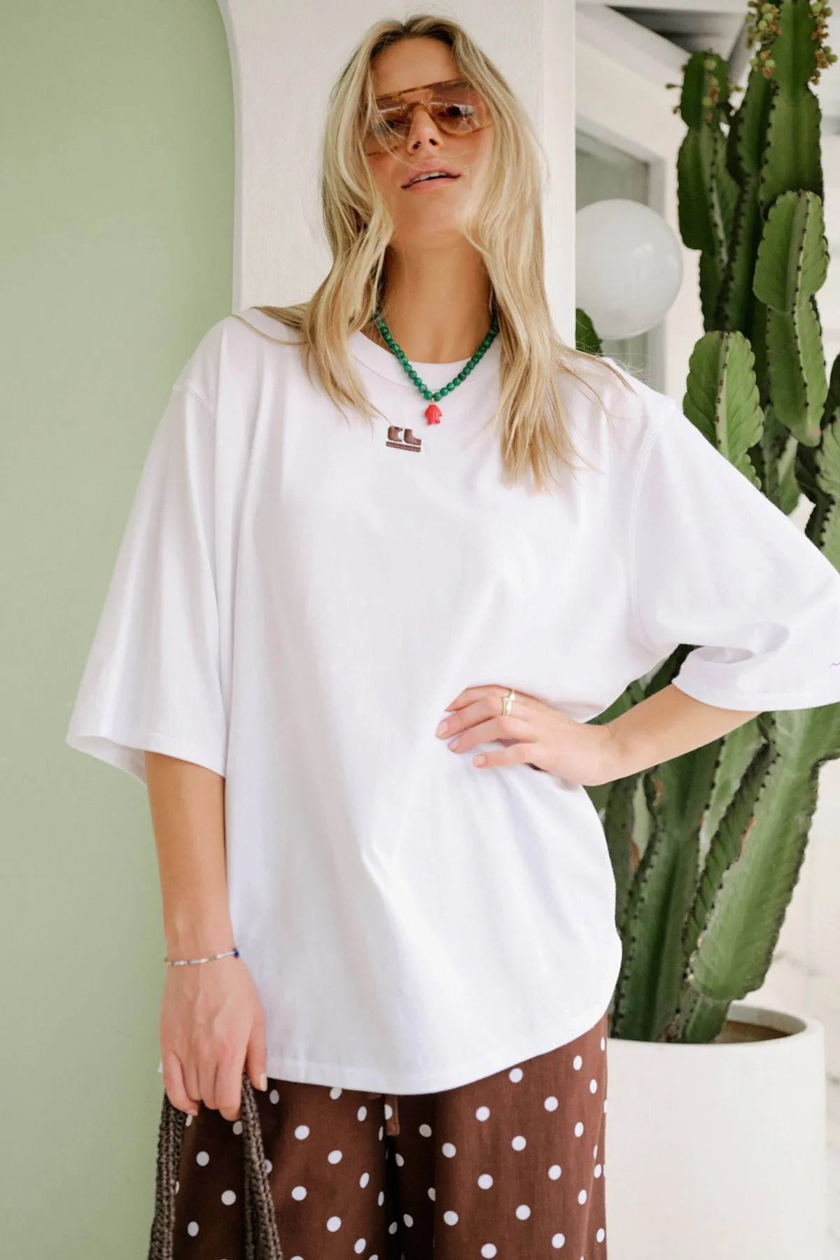 Ceres Life Liv Oversized Tee in White with CL chocolate embroidery