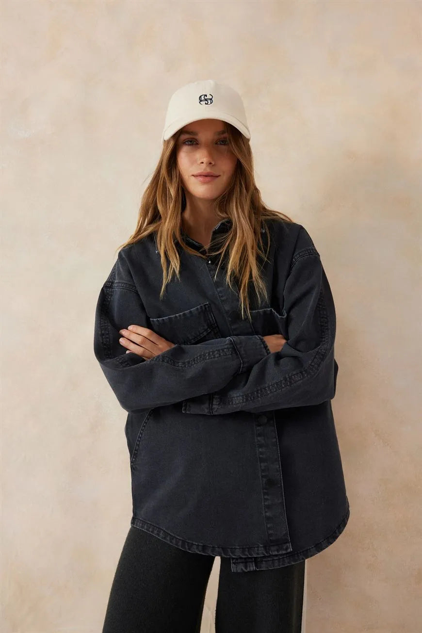 Ceres Life Side Pocket Shacket in Washed Black