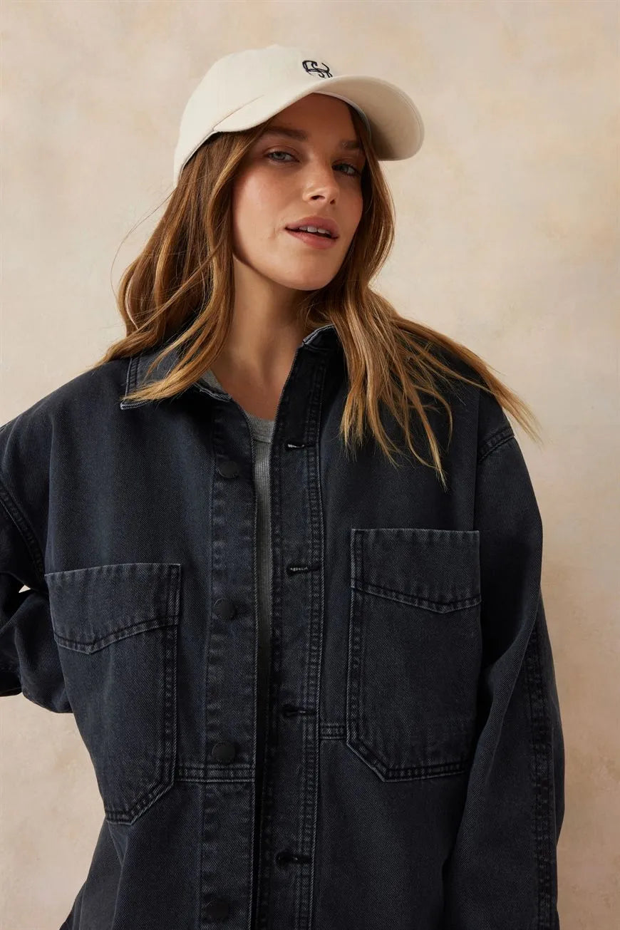 Ceres Life Side Pocket Shacket in Washed Black