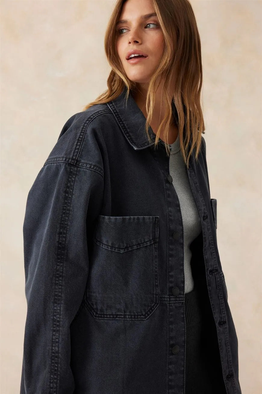 Ceres Life Side Pocket Shacket in Washed Black