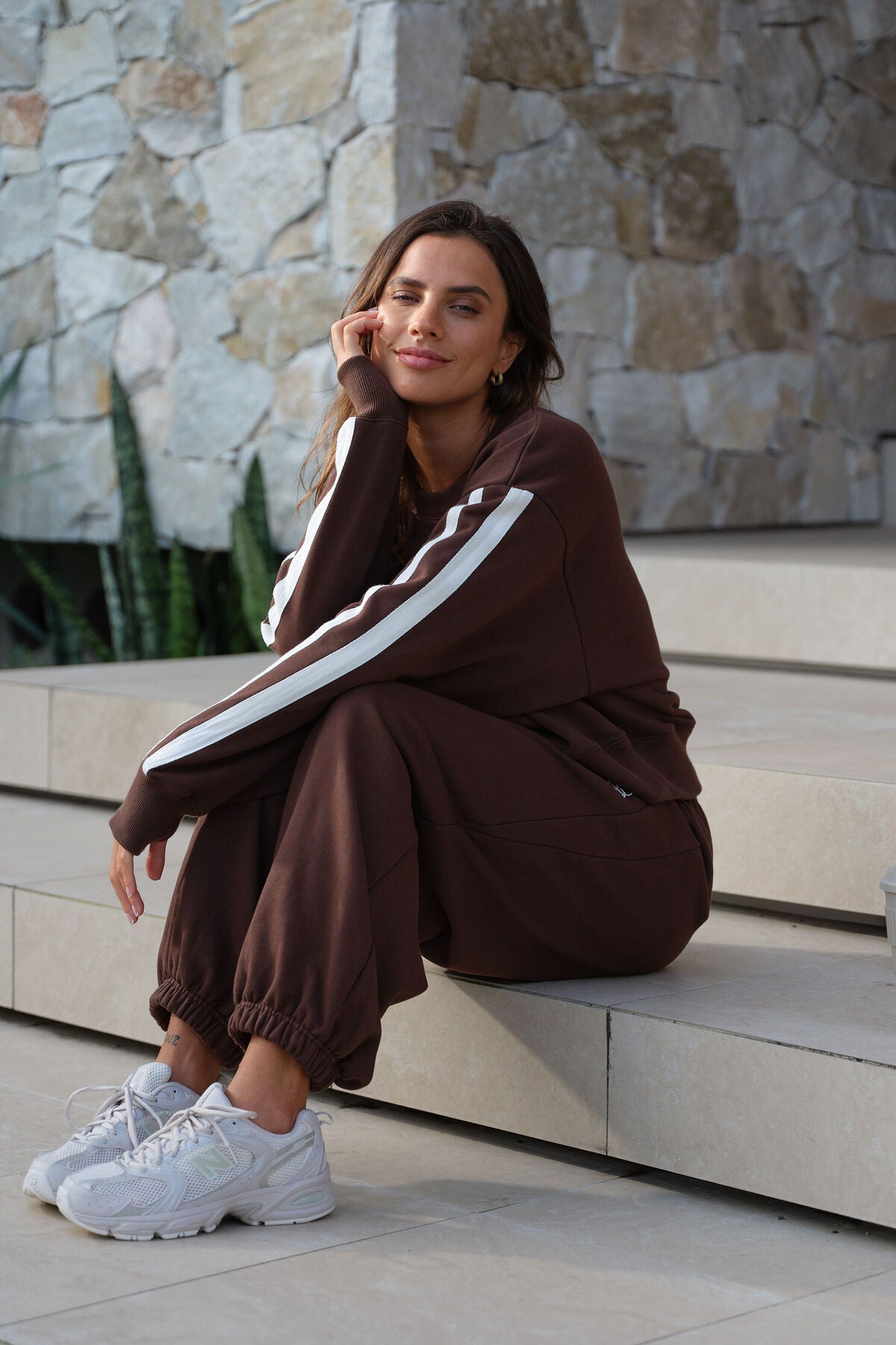 Ceres Life Sporty Slouchy Crew - Chocolate Side Stripe