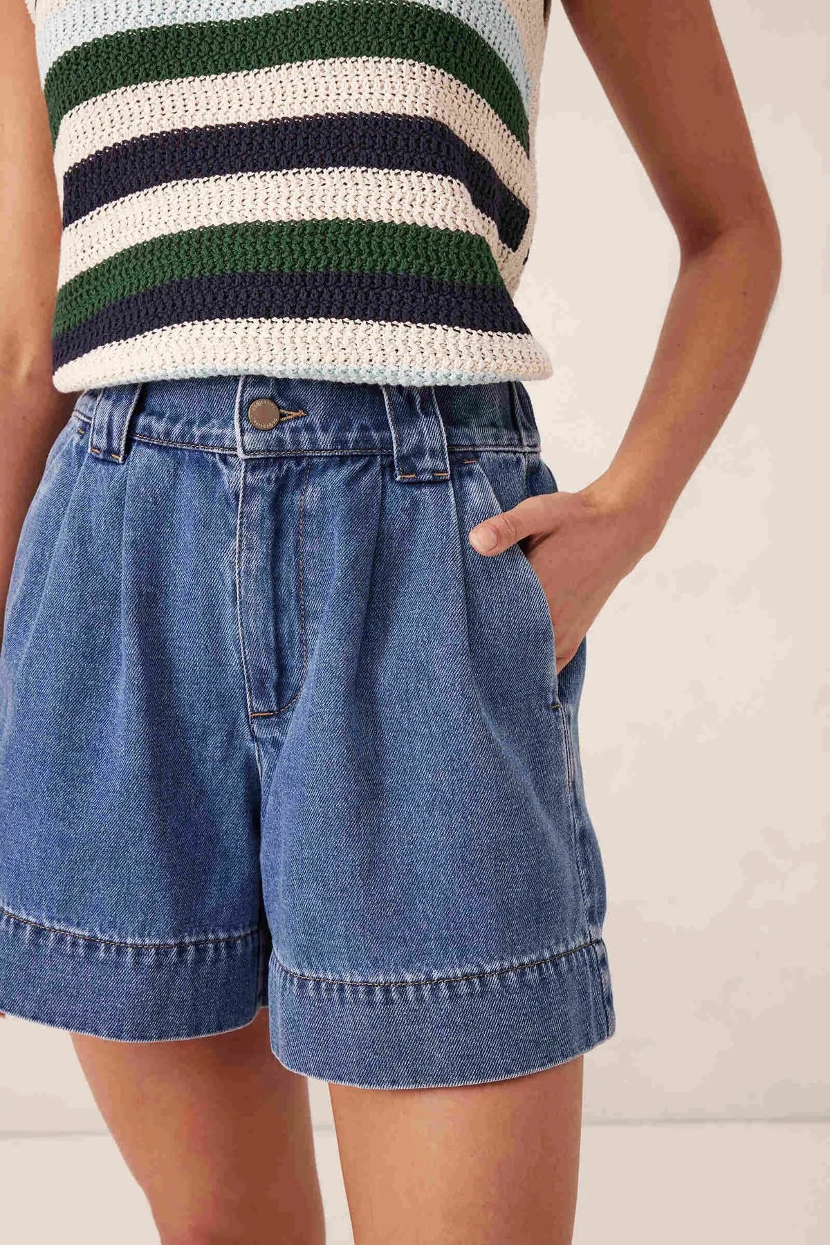 Ceres Life Billie Pleat Front Short in Washed Indigo