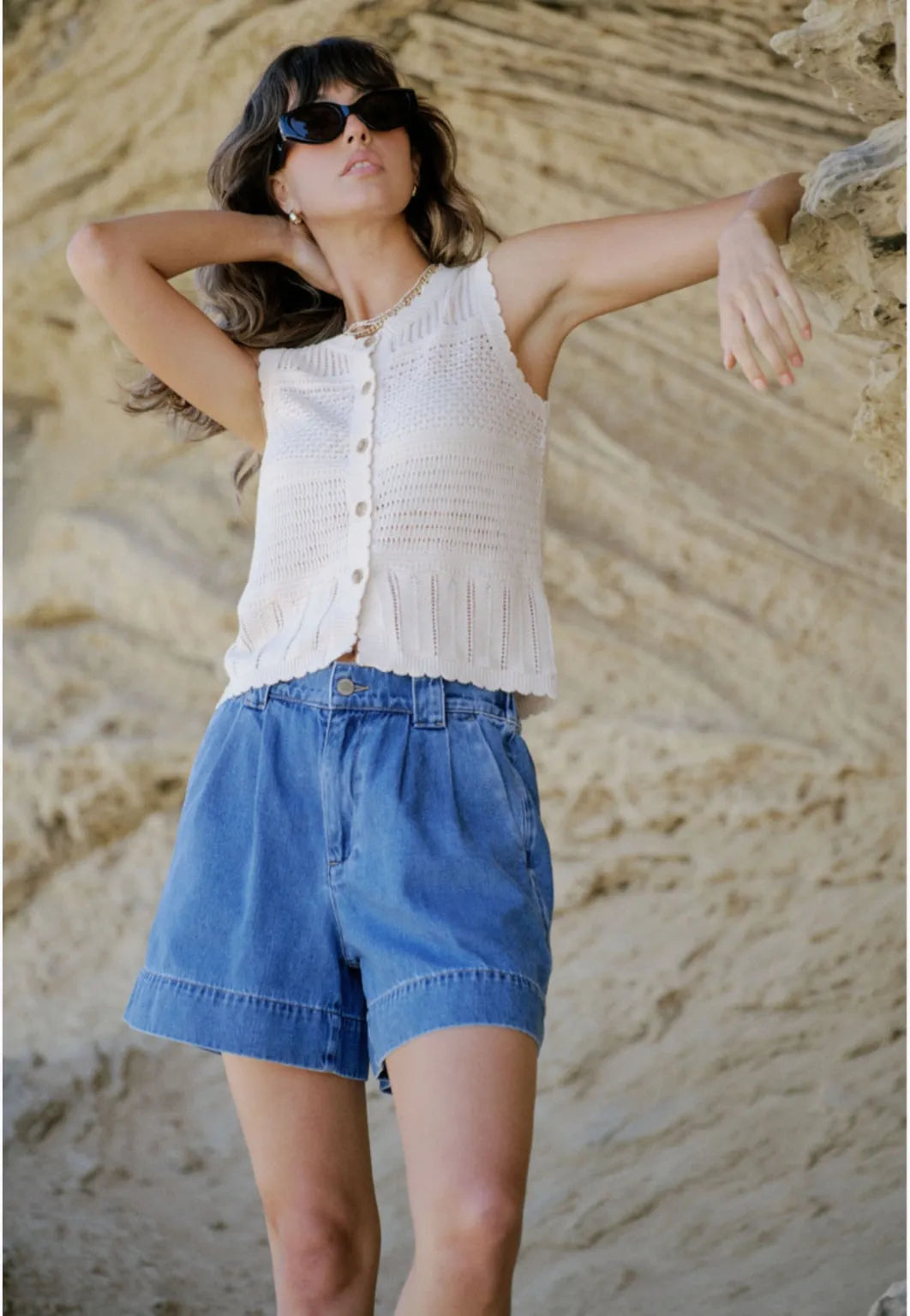 Ceres Life Billie Pleat Front Short in Washed Indigo