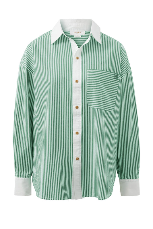 Ceres Life Peta Oversized Shirt - Kelly Green Stripe White Collar