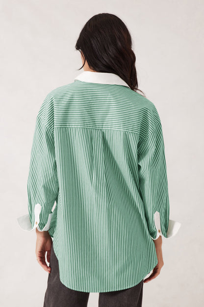 Ceres Life Peta Oversized Shirt - Kelly Green Stripe White Collar
