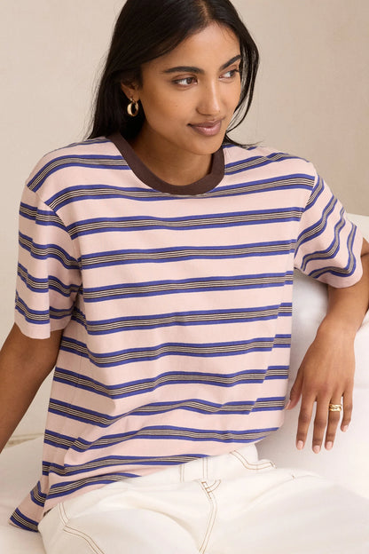 Stevie Slouchy Tee in Chalk Pink, Polo Blue and Chocolate Stripe