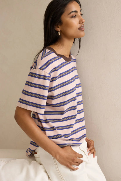 Stevie Slouchy Tee in Chalk Pink, Polo Blue and Chocolate Stripe