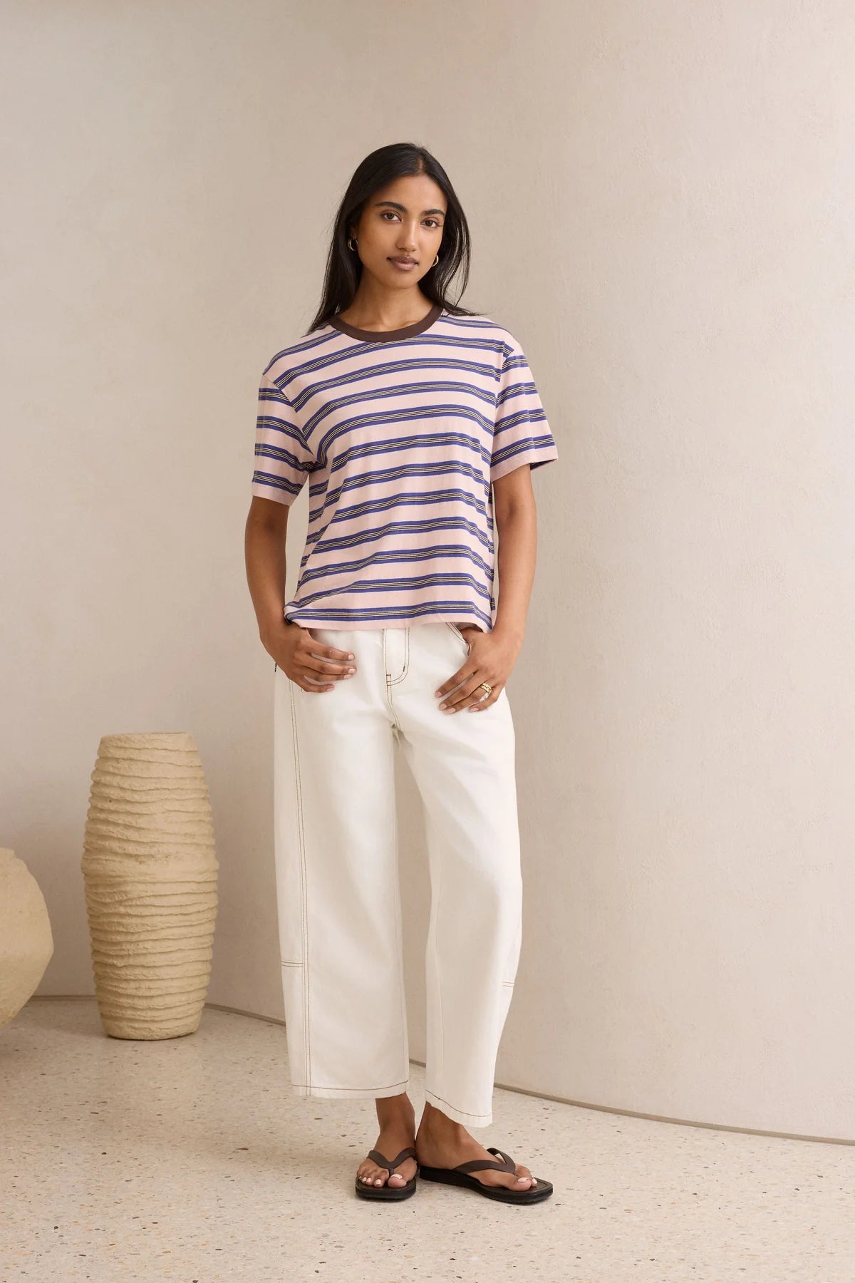 Stevie Slouchy Tee in Chalk Pink, Polo Blue and Chocolate Stripe