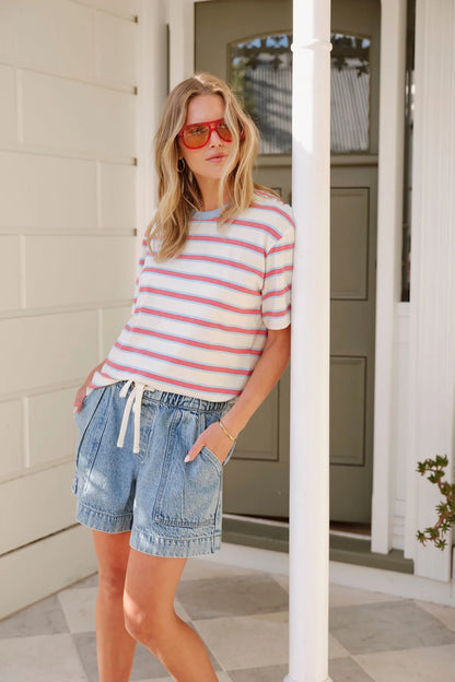 Stevie Slouchy Tee in Milk, Fresh Blue and Red Stripe
