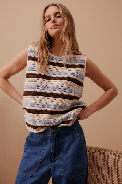 Ceres Life Margot Mesh Tank in Ecru with Chalk and Chocolate Stripe