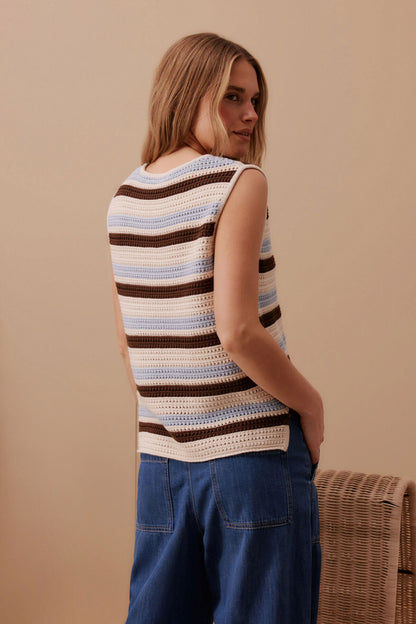 Ceres Life Margot Mesh Tank in Ecru with Chalk and Chocolate Stripe