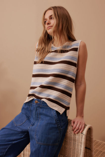 Ceres Life Margot Mesh Tank in Ecru with Chalk and Chocolate Stripe