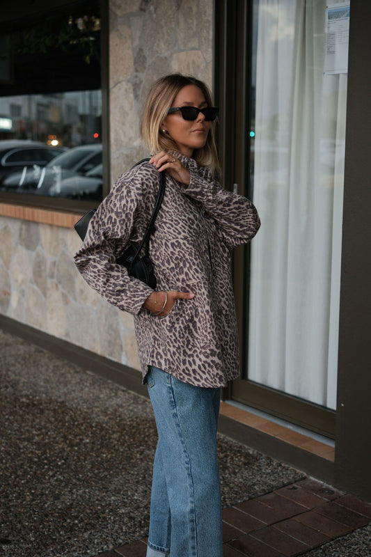 Ceres Life Bobbi Side Pocket Denim Shacket in Leopard